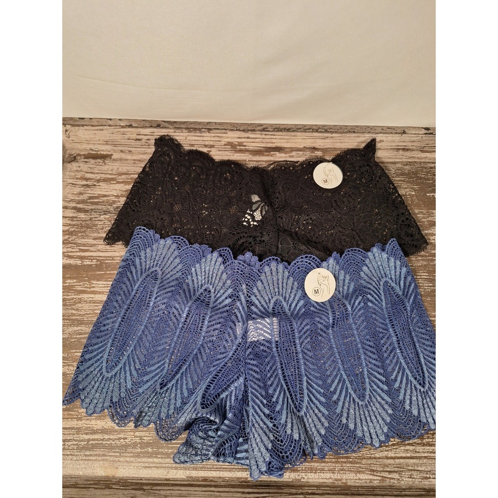 2 Pack Lace Boy Short Panties Black and Blue Floral Sheer Scalloped Size M